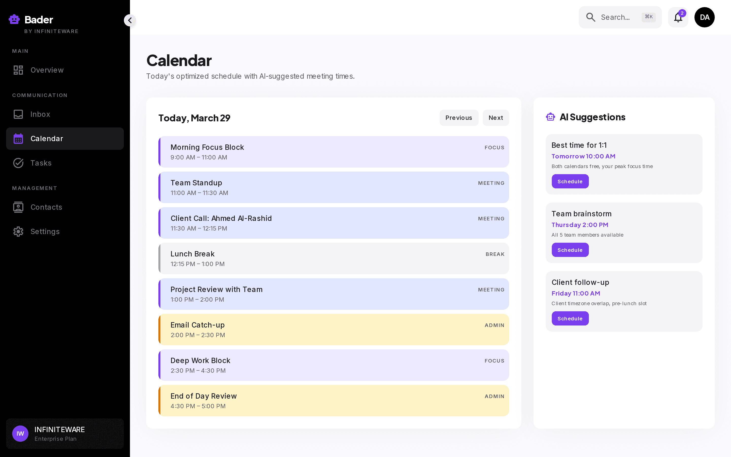Bader calendar view with focus blocks and intelligent scheduling