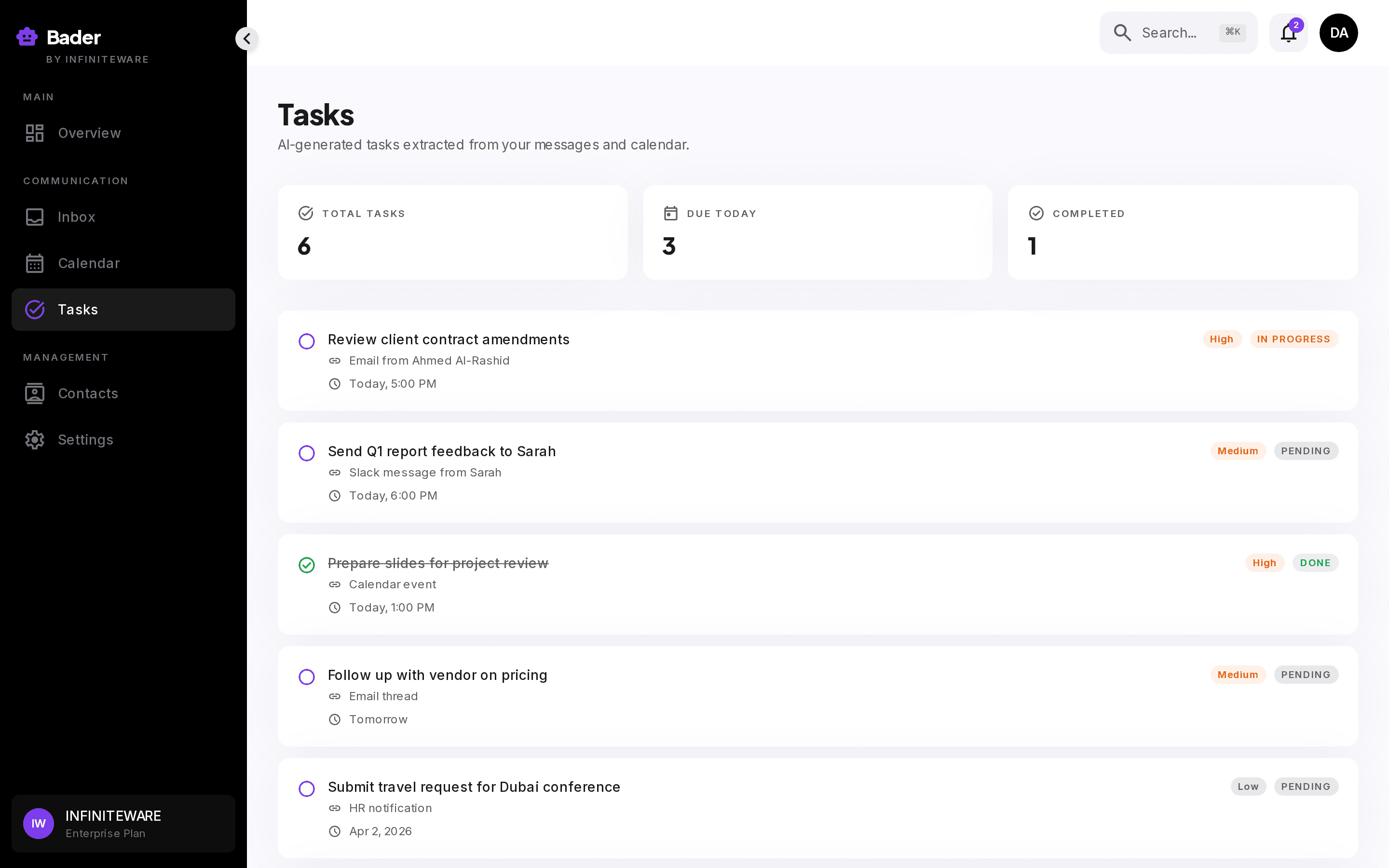 Bader tasks view with extracted action items and follow-up tracking