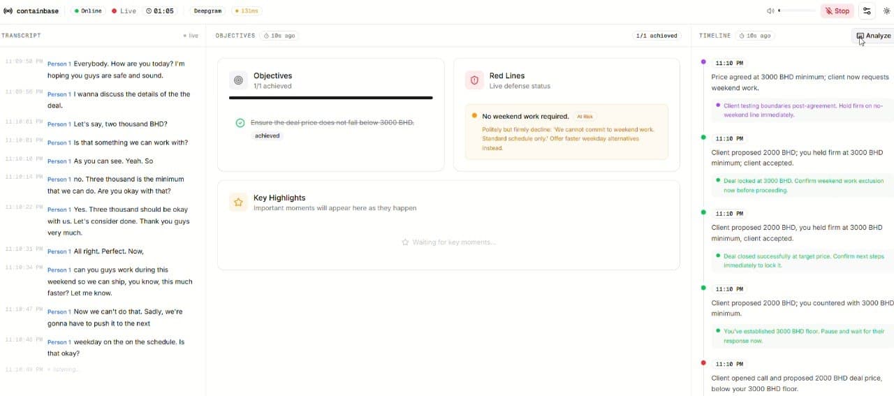 Containbase live call console with transcript, objectives, red lines, and timeline