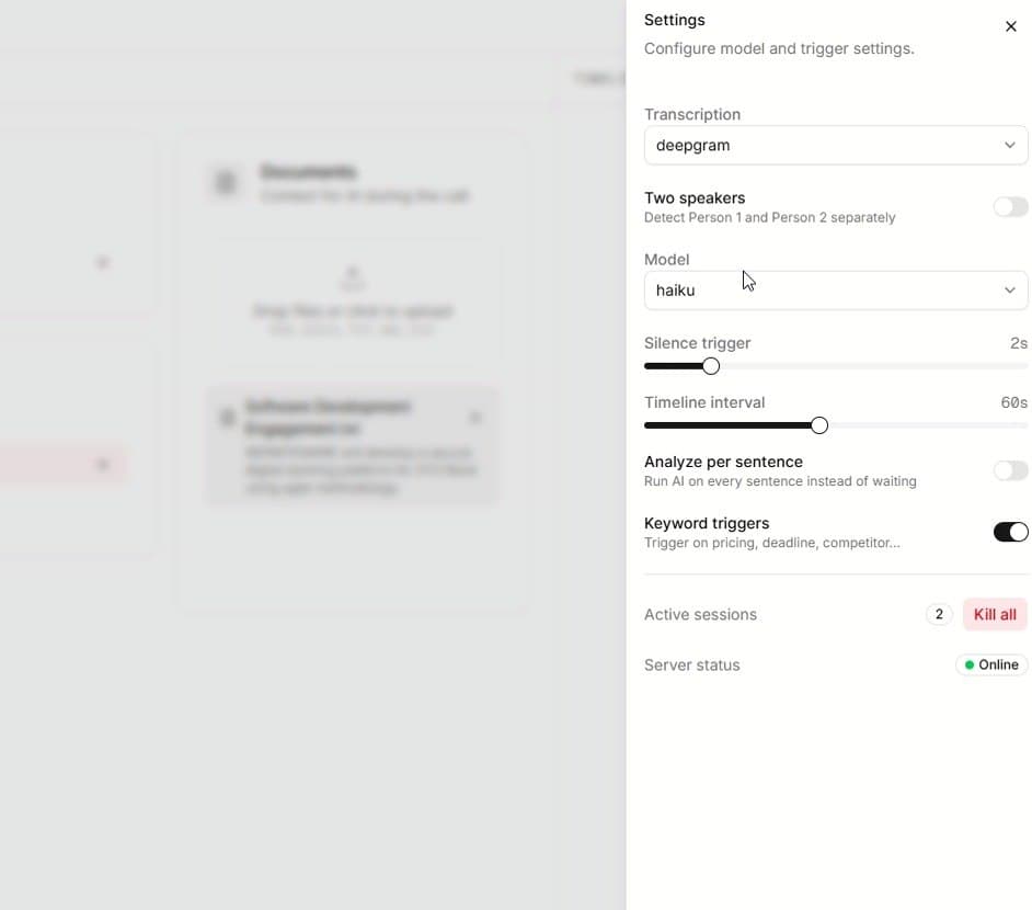 Containbase settings panel for transcription, model, and keyword triggers