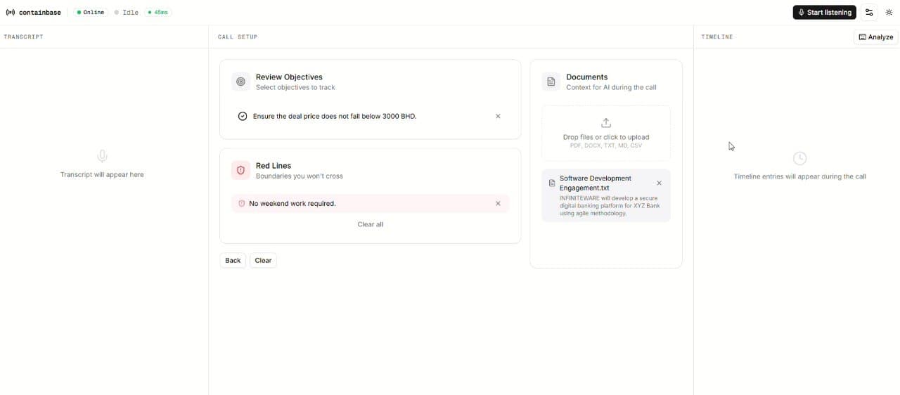 Containbase call setup with objectives, red lines, and grounding documents