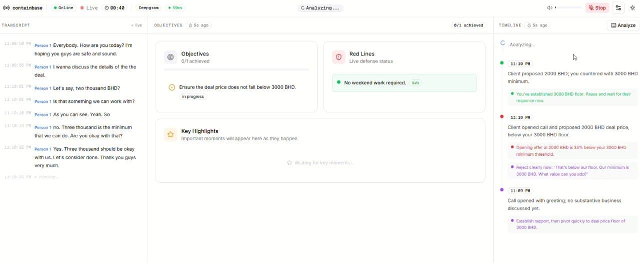 Containbase live timeline giving a play-by-play of the call with coaching notes