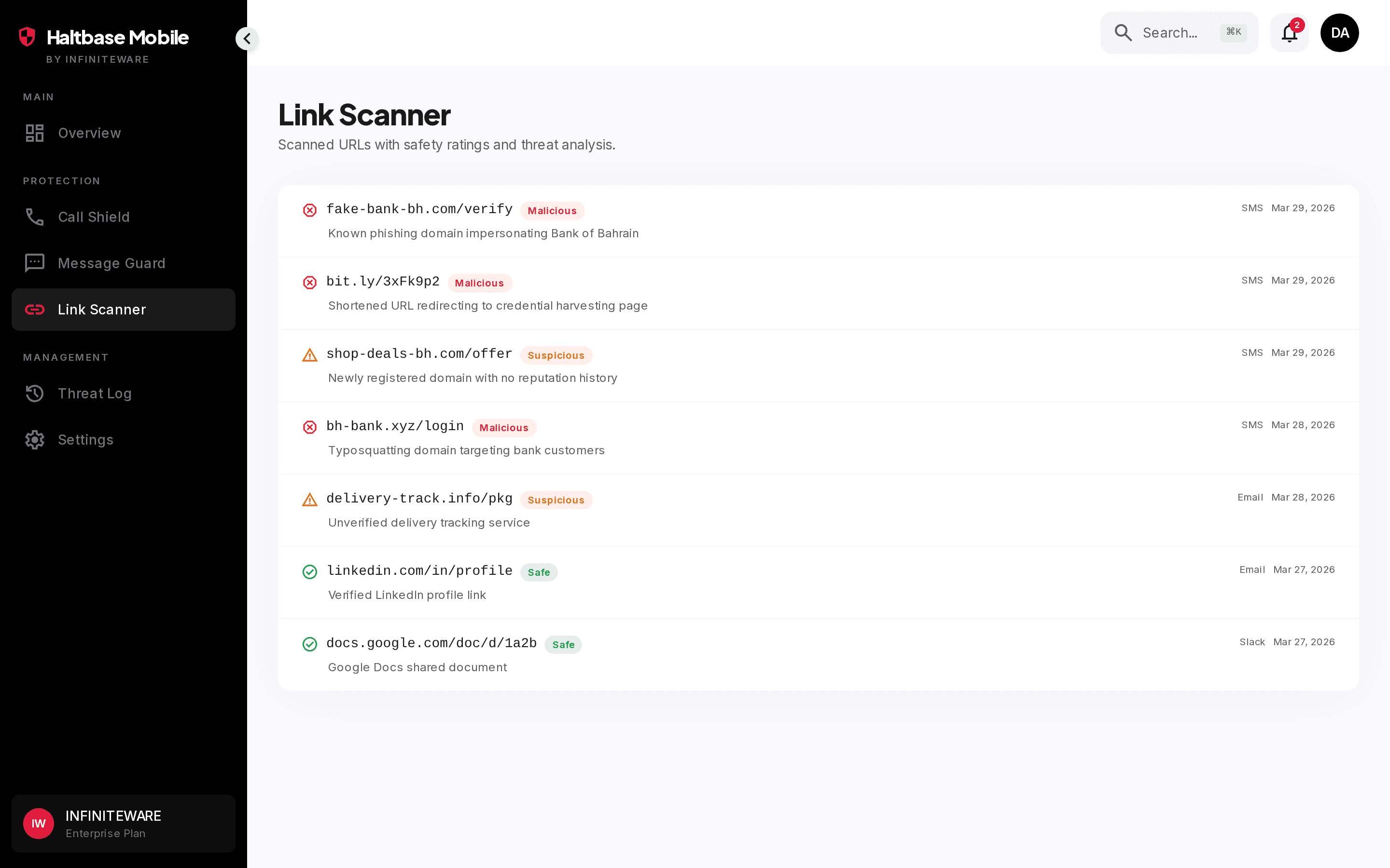 Haltbase Mobile links screen showing URL inspection and quarantine