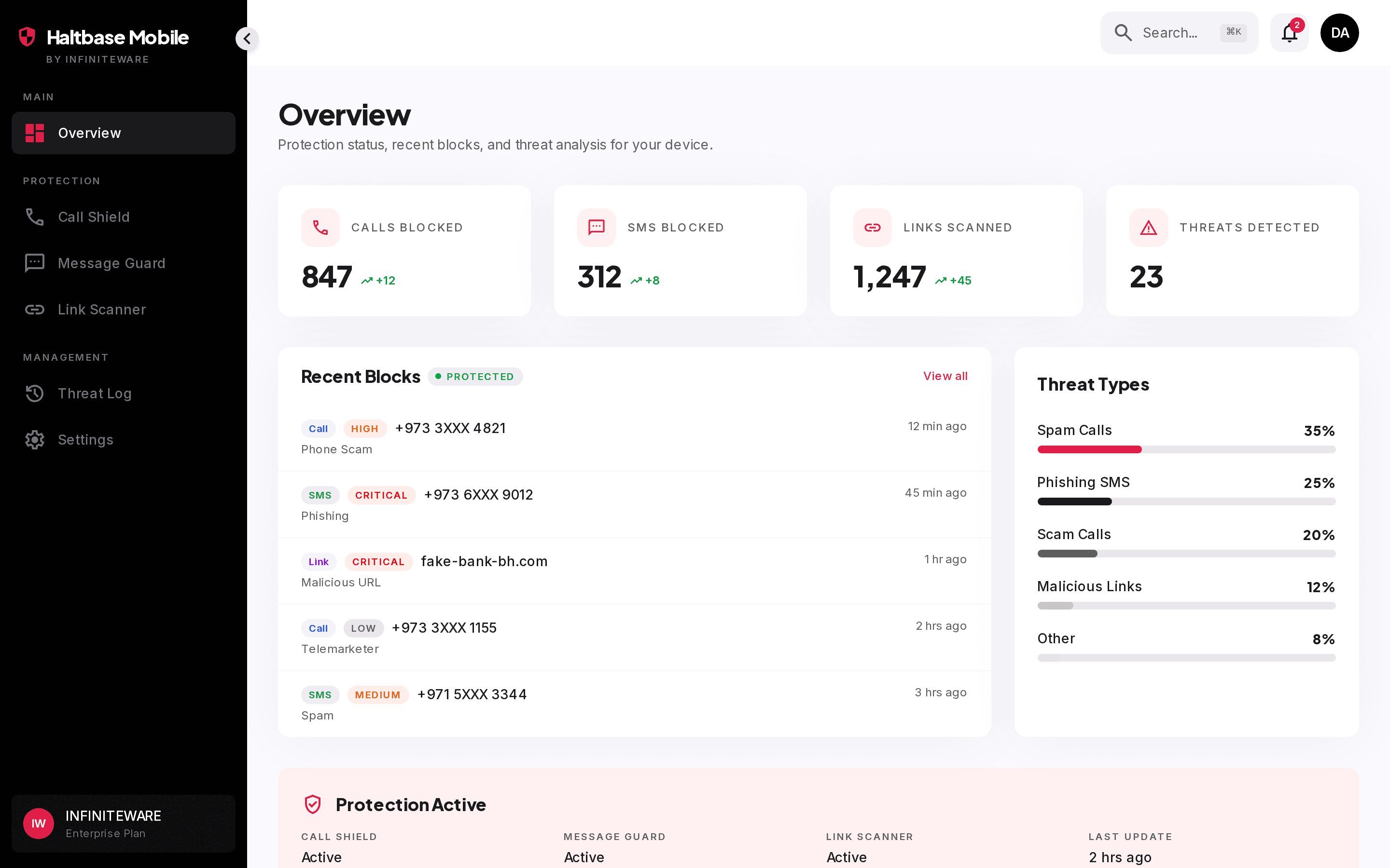 Haltbase Mobile overview screen with blocked counts and live activity