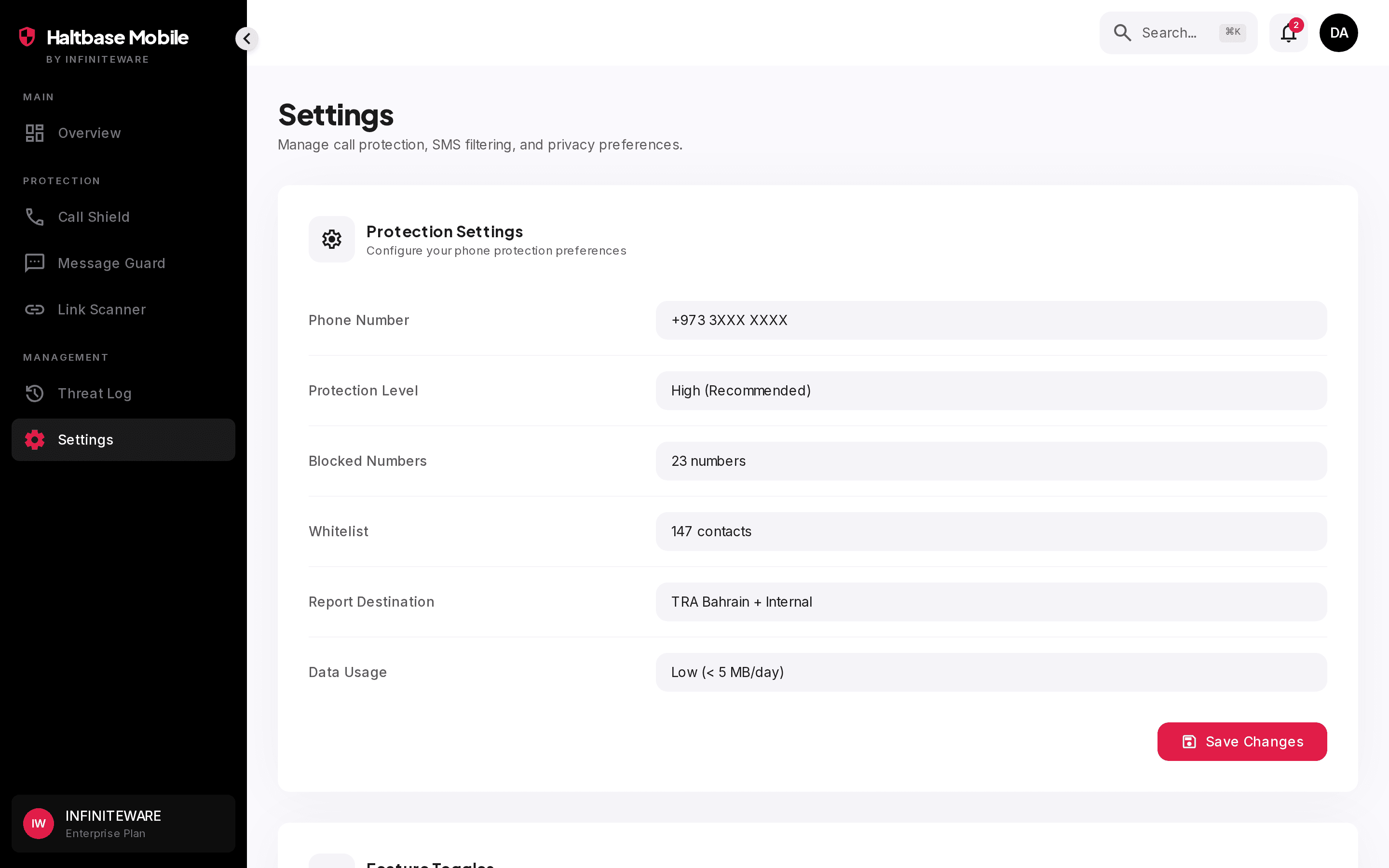 Haltbase Mobile settings screen with sensitivity and privacy controls