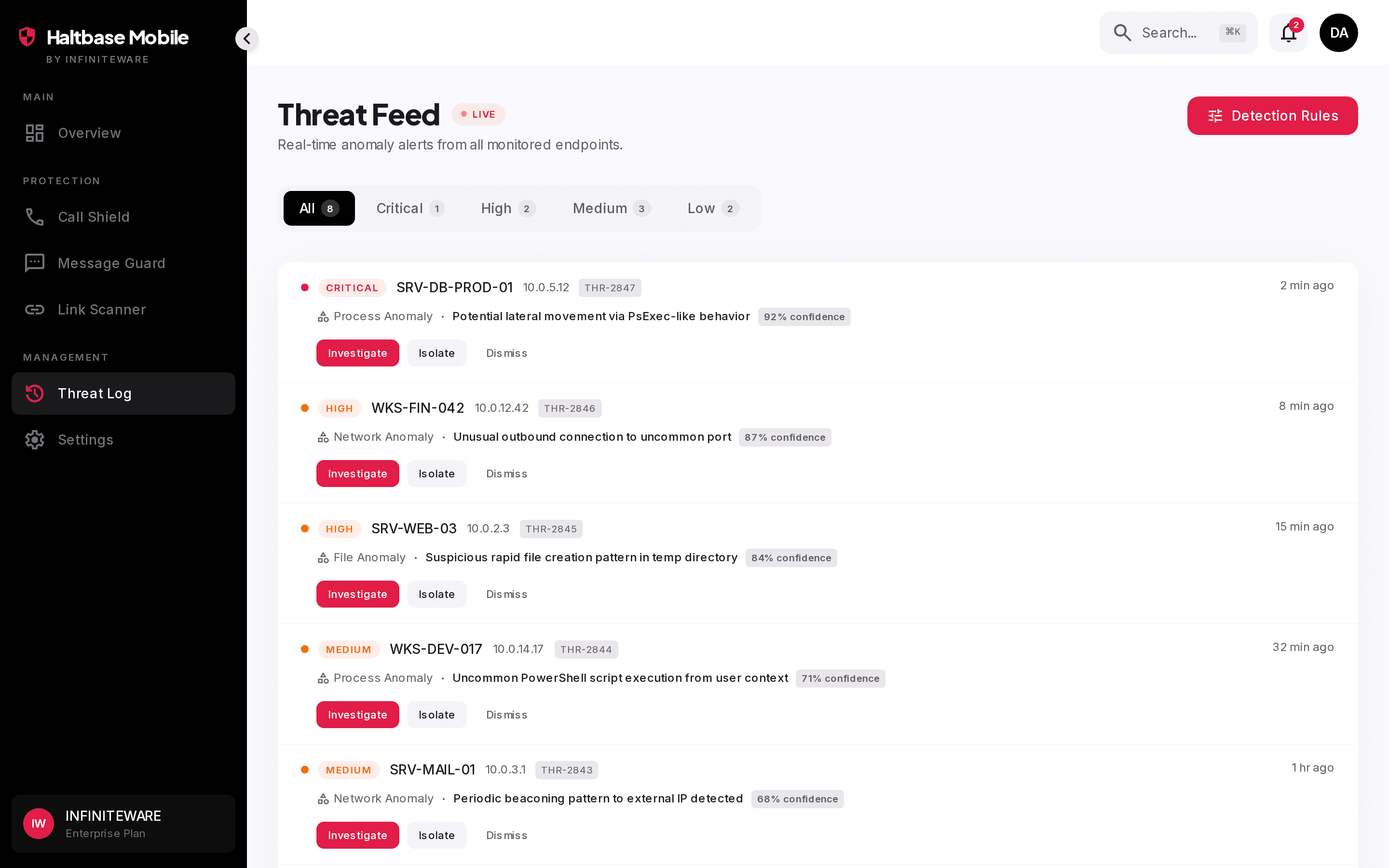 Haltbase Mobile threats log with full breakdown and search