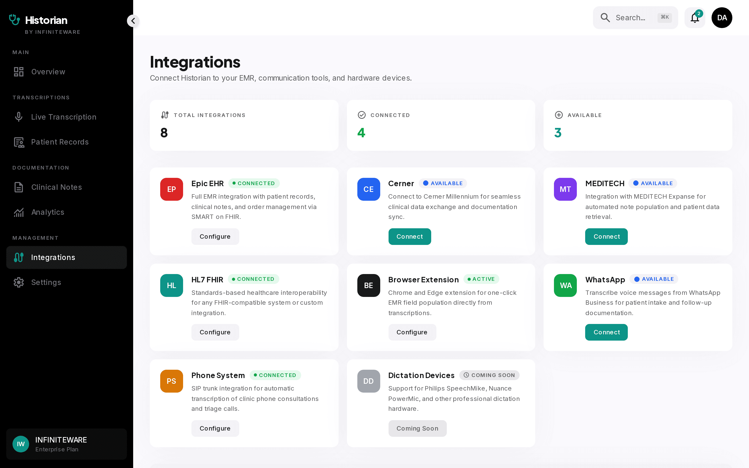 EMR integration view with FHIR, HL7, and browser extension options