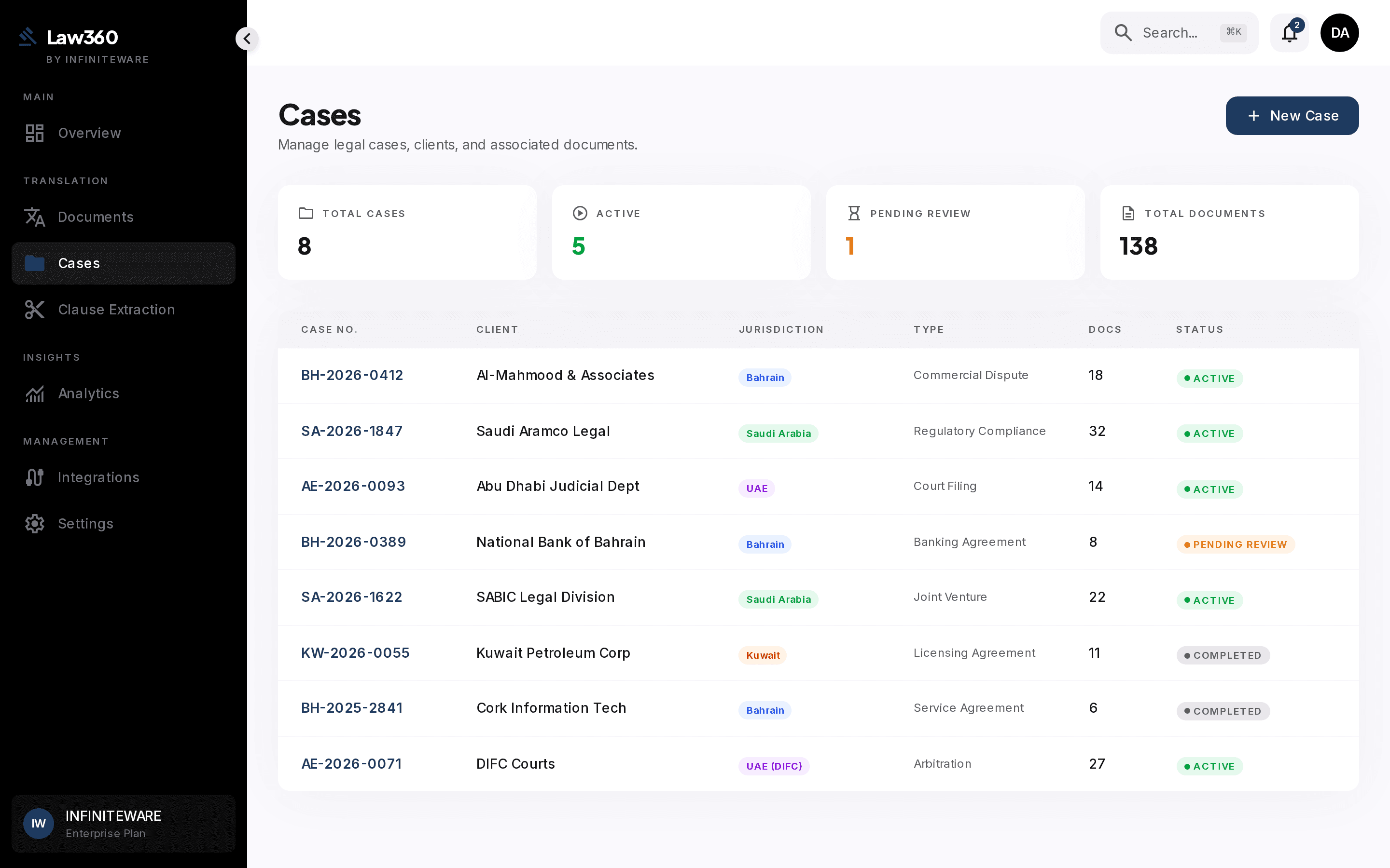 Matter detail view with bilingual parties, deadlines, and linked documents