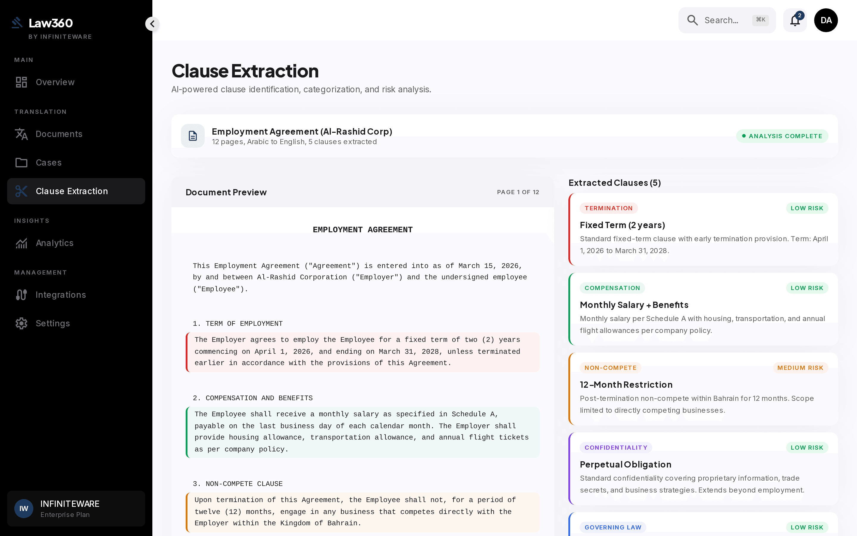 Clause-by-clause bilingual review with confidence scoring