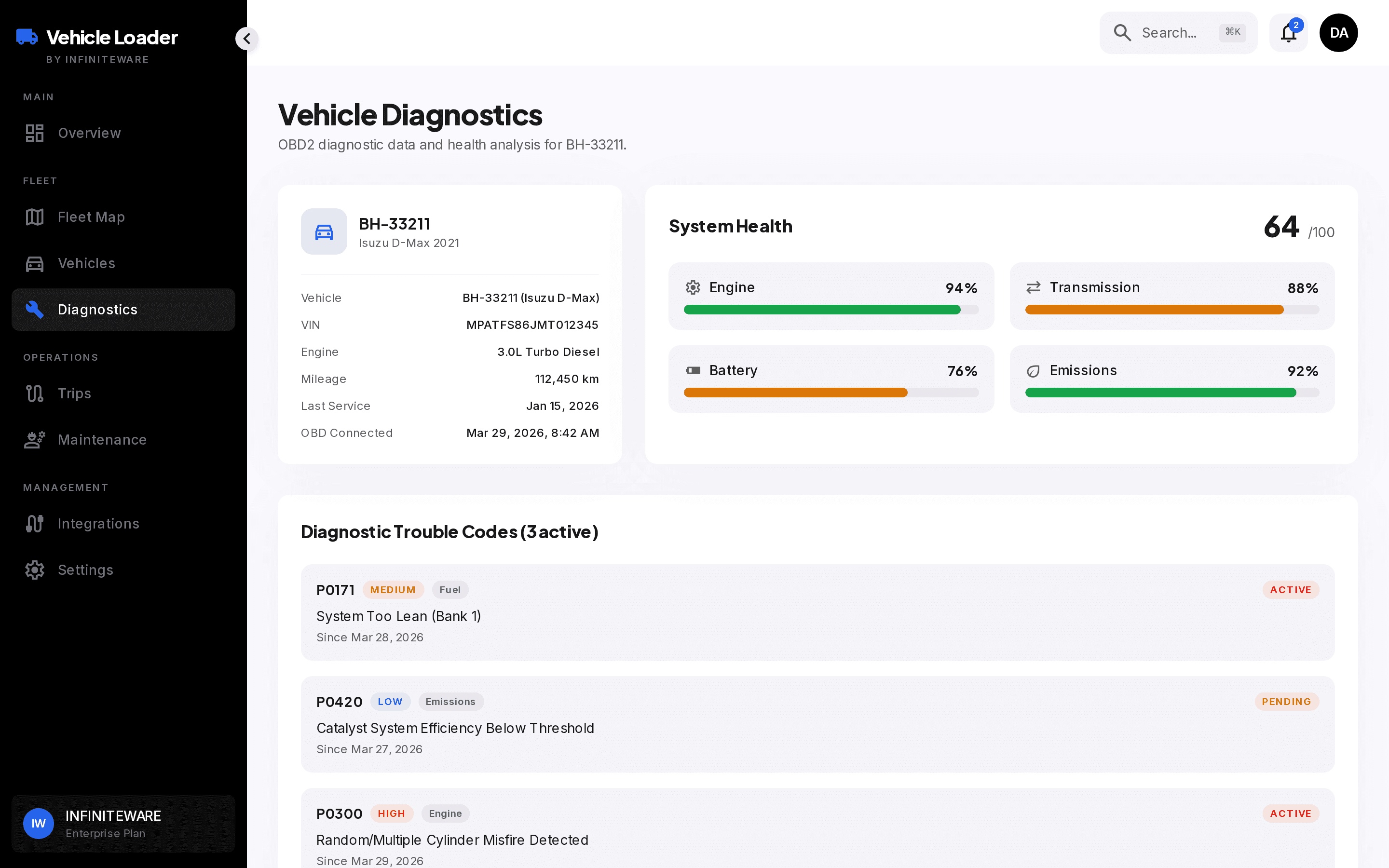 Vehicle diagnostics view with DTCs, severity, and freeze-frame data