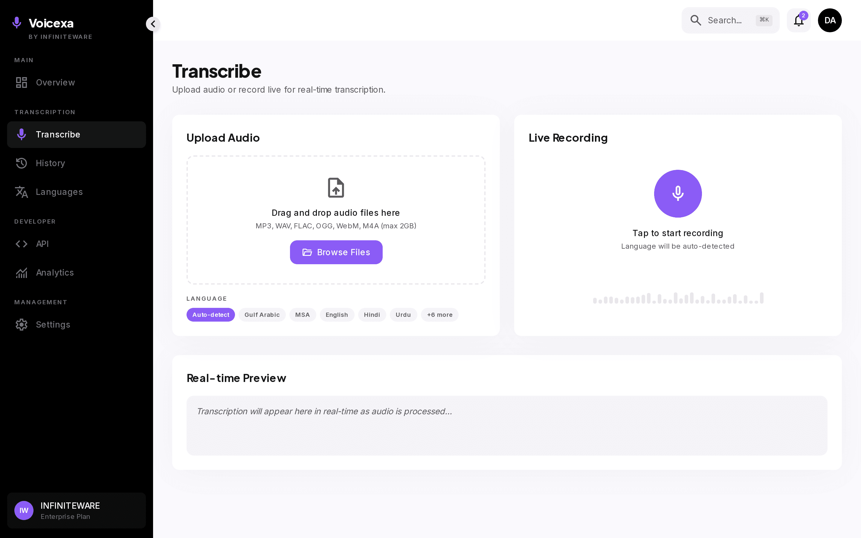 Real-time transcription view with streaming Arabic words and speaker labels