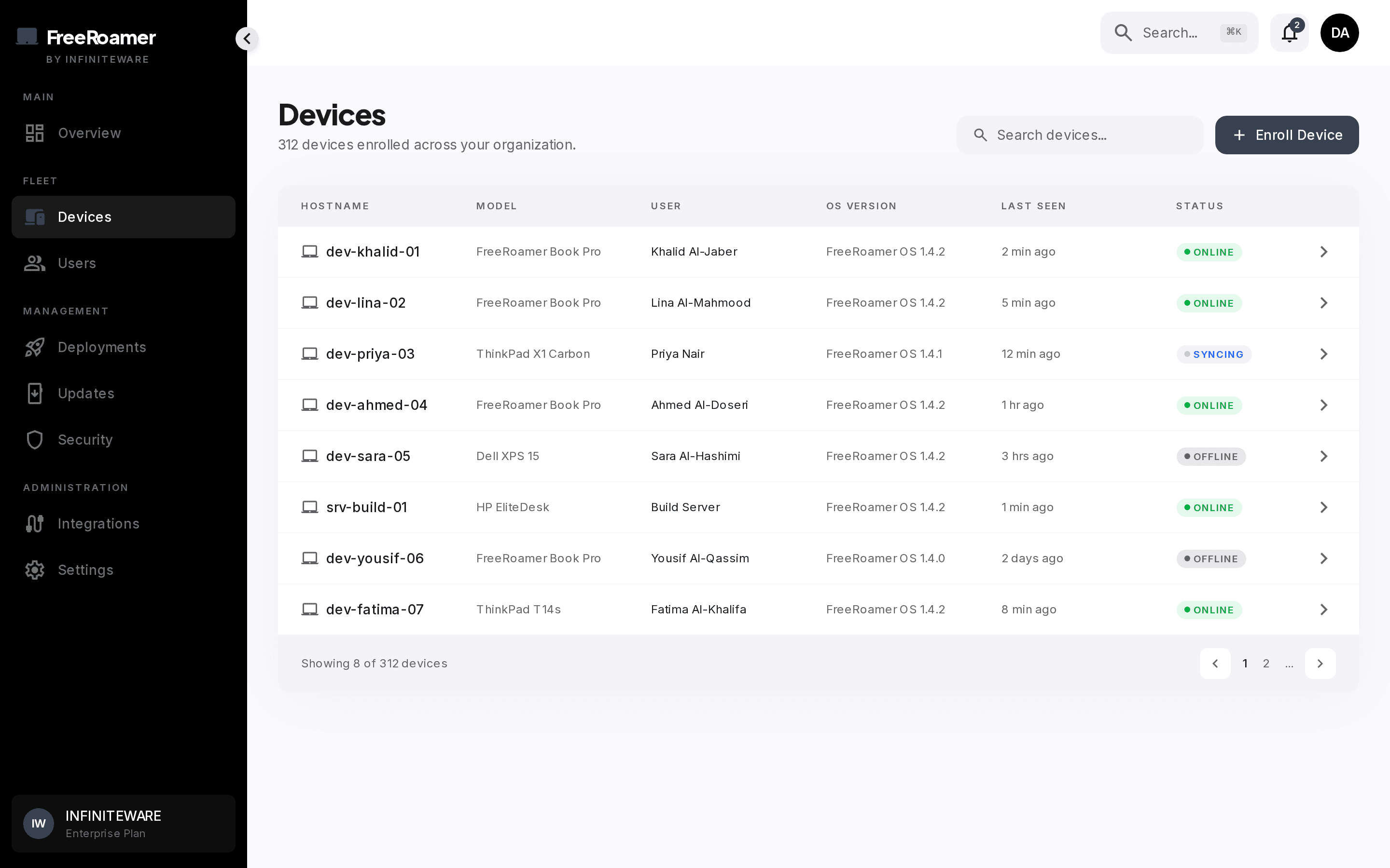 FreeRoamer device roster with build, sync state, and policy group