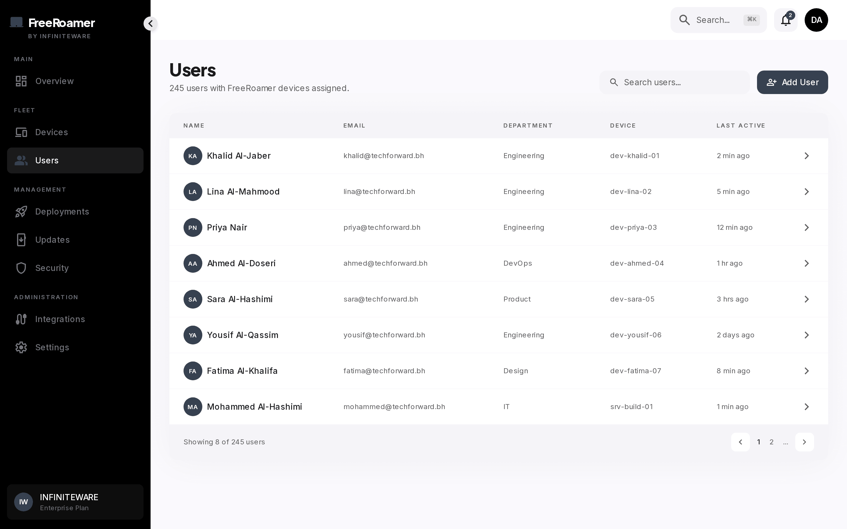 FreeRoamer users and access view with FreeIPA roles and group memberships