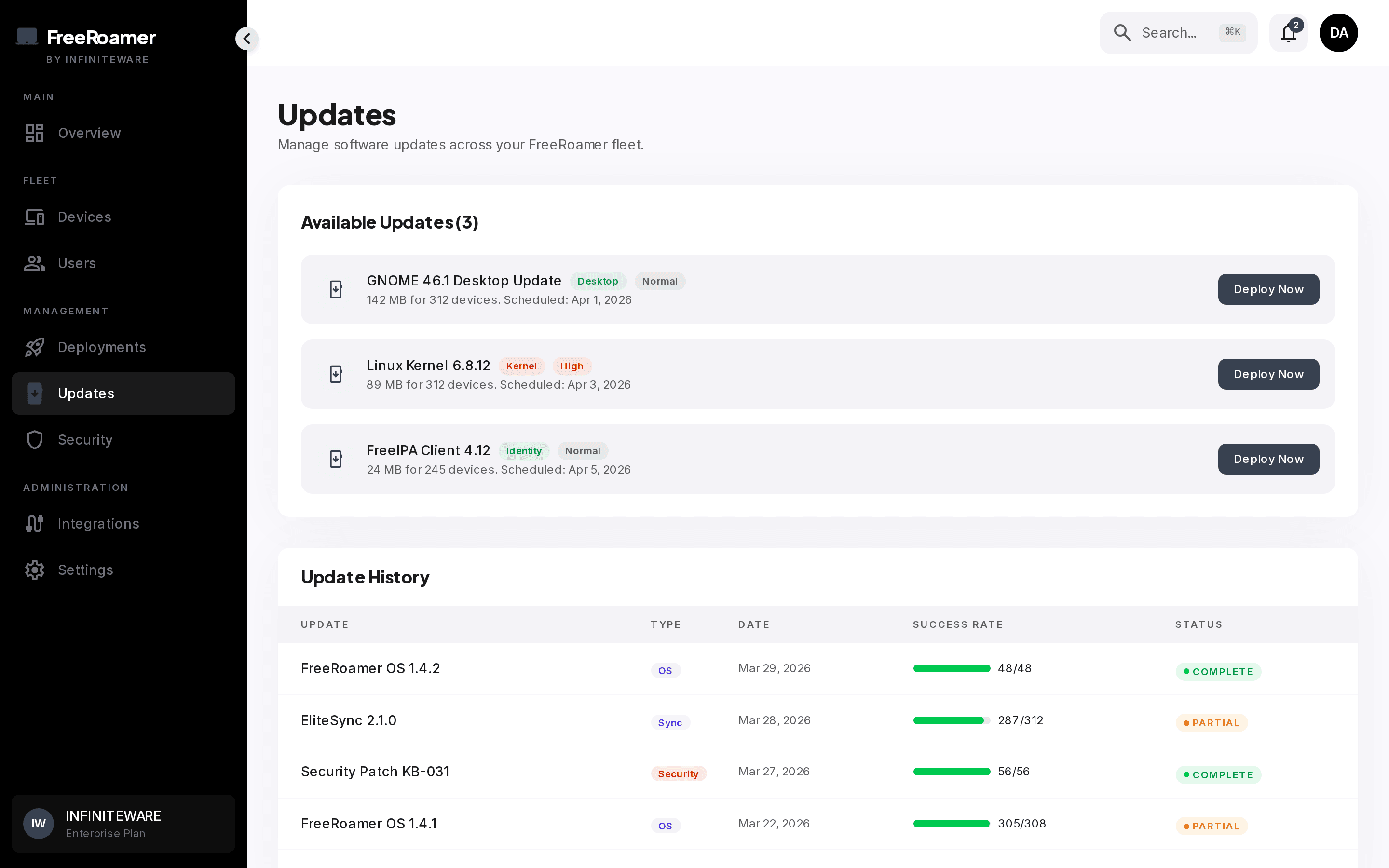 FreeRoamer updates panel with scheduled rollouts and rollback controls