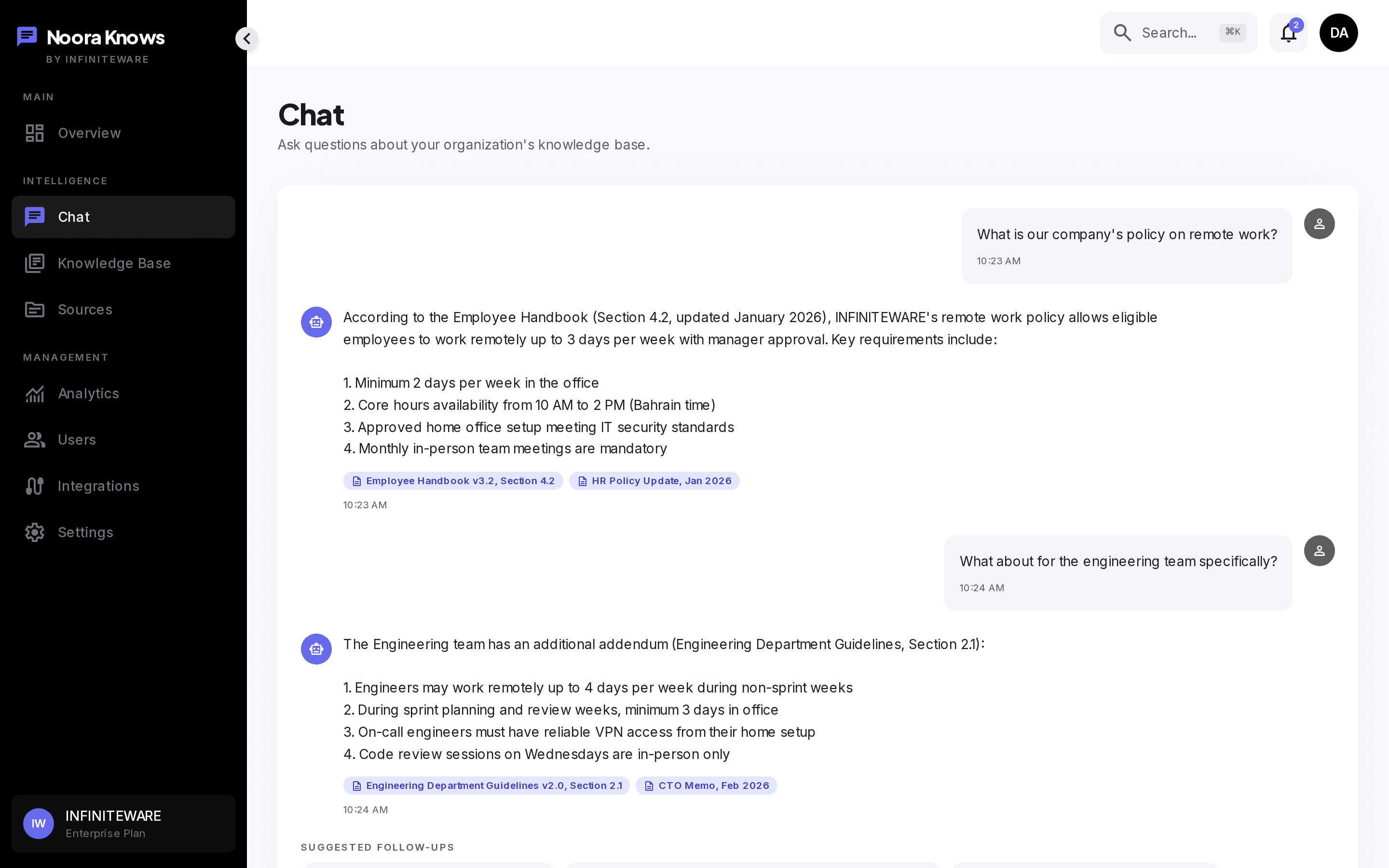 Noora Knows chat interface showing a question, AI response, and source citations