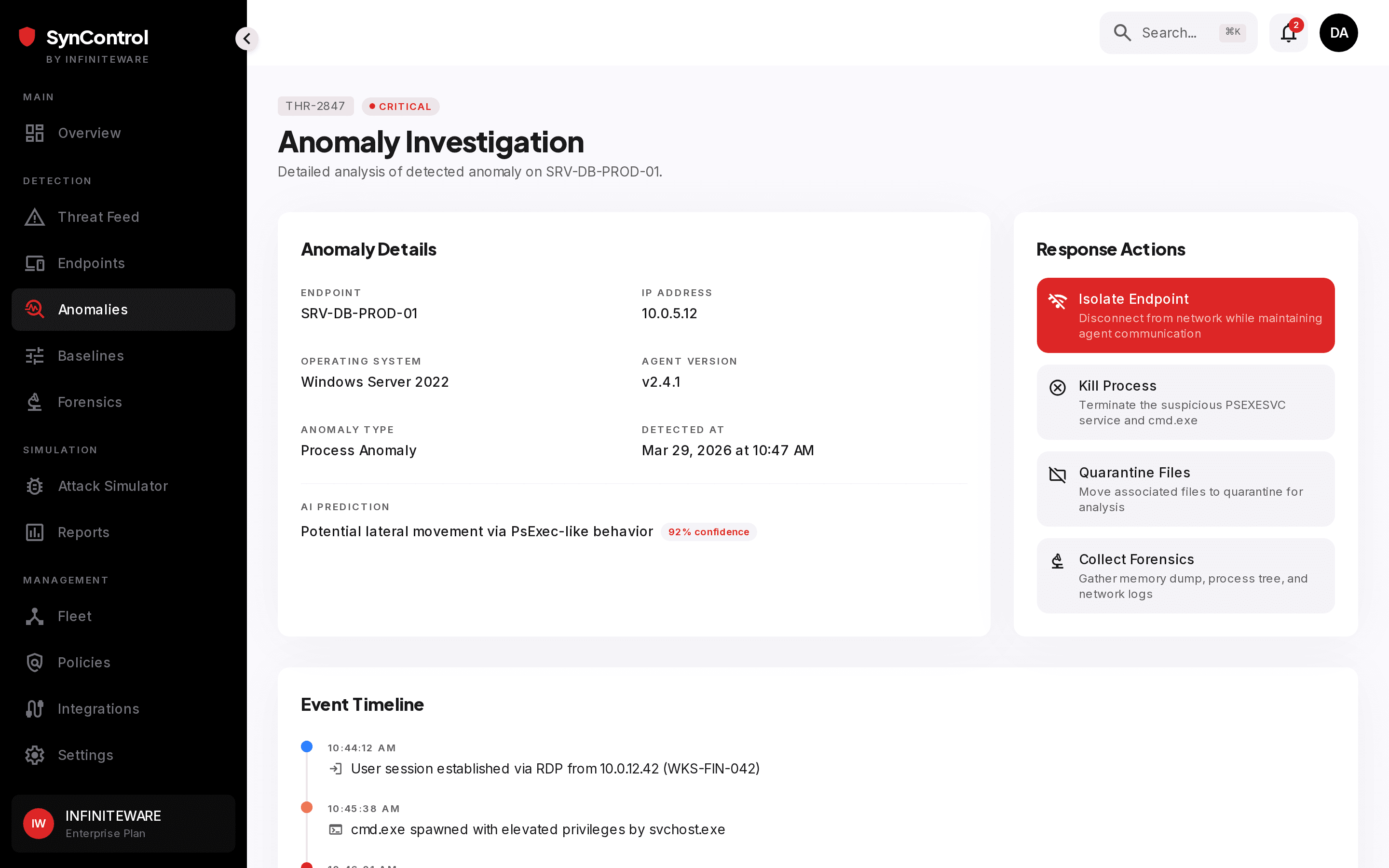 SynControl anomaly stream with risk scoring and feature attribution